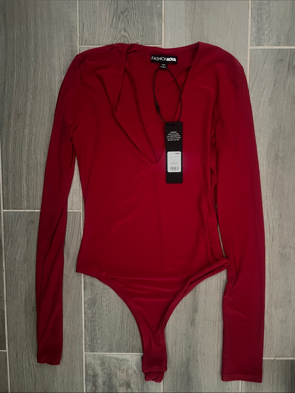 Fashion Nova Burgundy Long Sleeve V-Neck Bodysuit